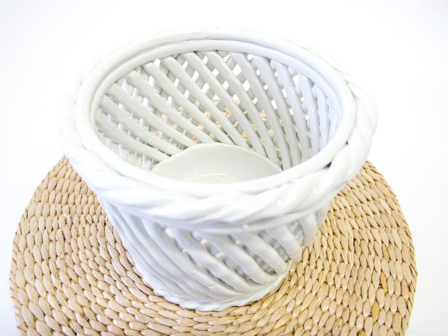 Small Woven White Pottery Ceramic Basket - Made in Italy