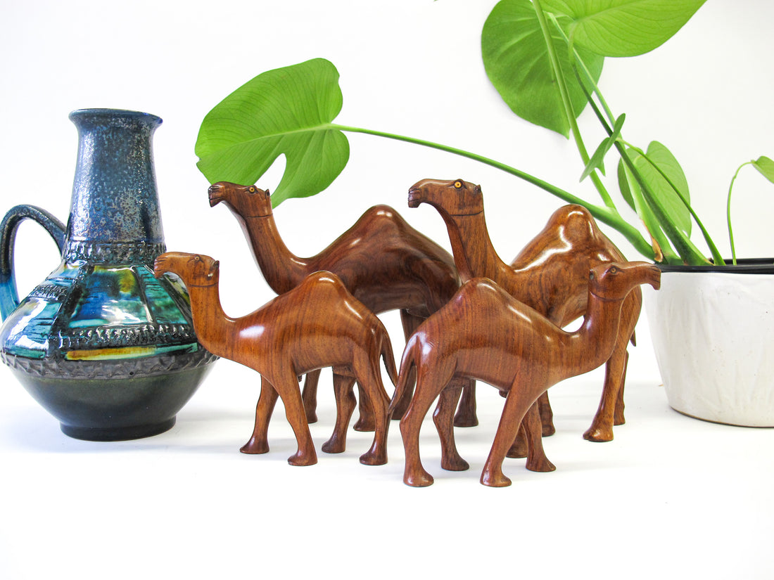 Set of 4 Wood Camels with Bead Eyes