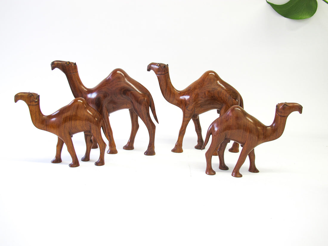 Set of 4 Wood Camels with Bead Eyes