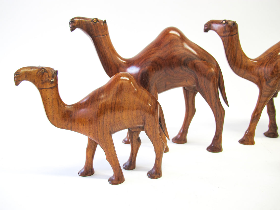 Set of 4 Wood Camels with Bead Eyes