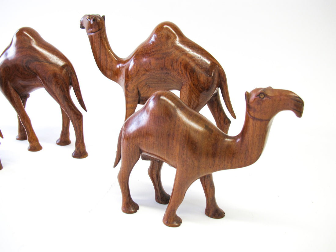 Set of 4 Wood Camels with Bead Eyes