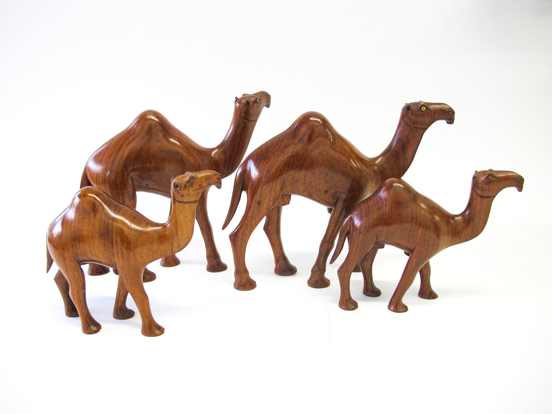 Set of 4 Wood Camels with Bead Eyes