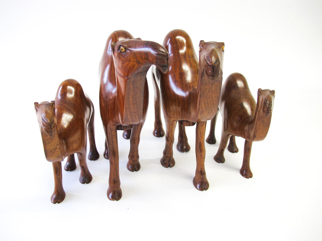 Set of 4 Wood Camels with Bead Eyes