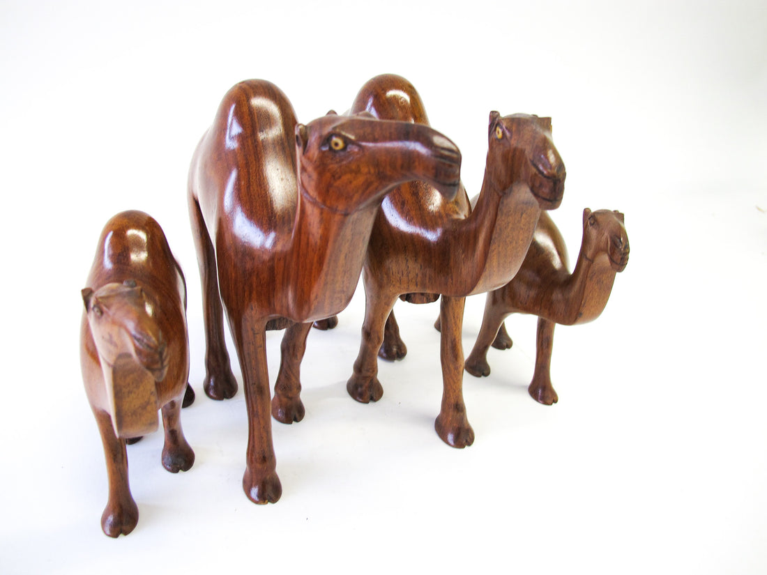 Set of 4 Wood Camels with Bead Eyes