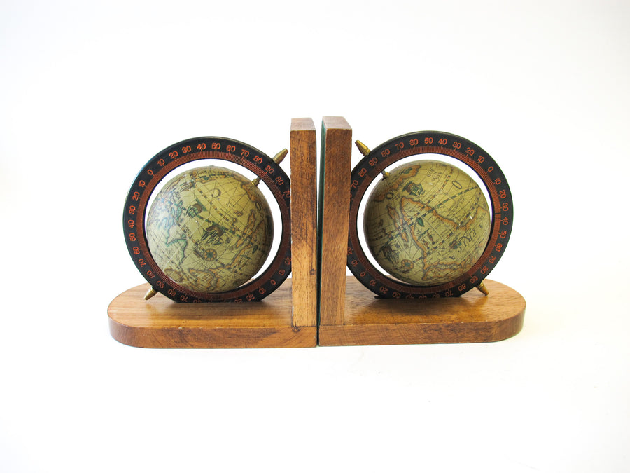 Set of 2 Wood Spinning Paper Mache Wood Globe Bookends