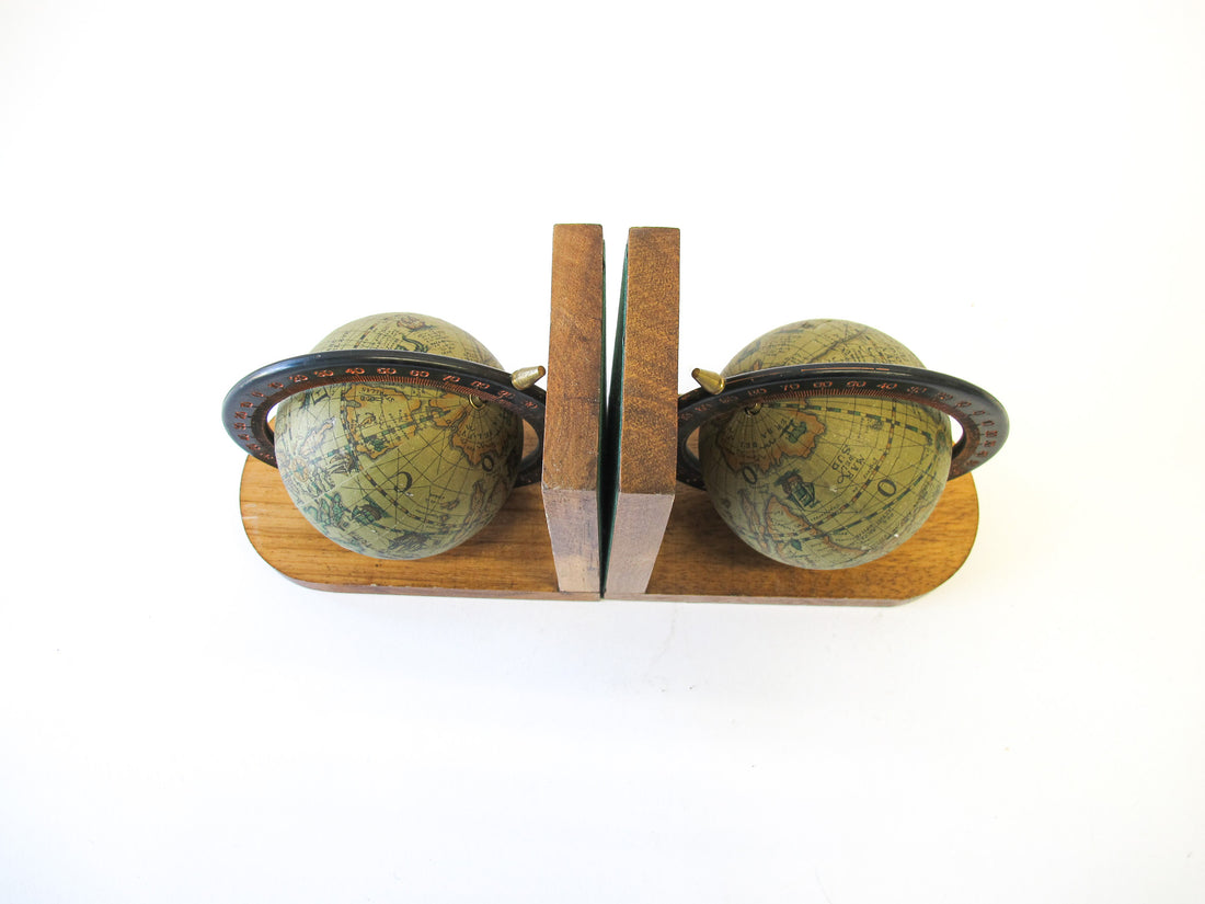 Set of 2 Wood Spinning Paper Mache Wood Globe Bookends