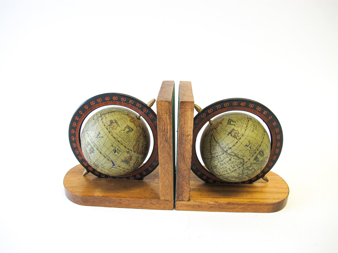 Set of 2 Wood Spinning Paper Mache Wood Globe Bookends