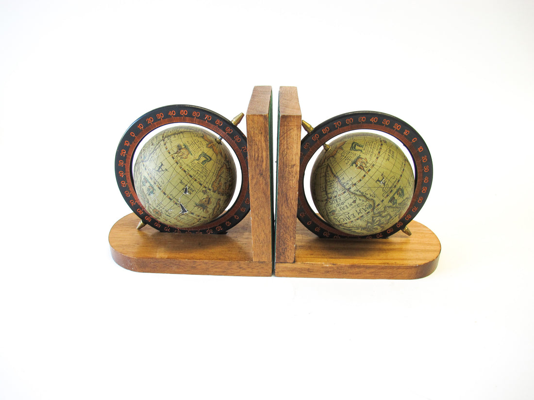 Set of 2 Wood Spinning Paper Mache Wood Globe Bookends