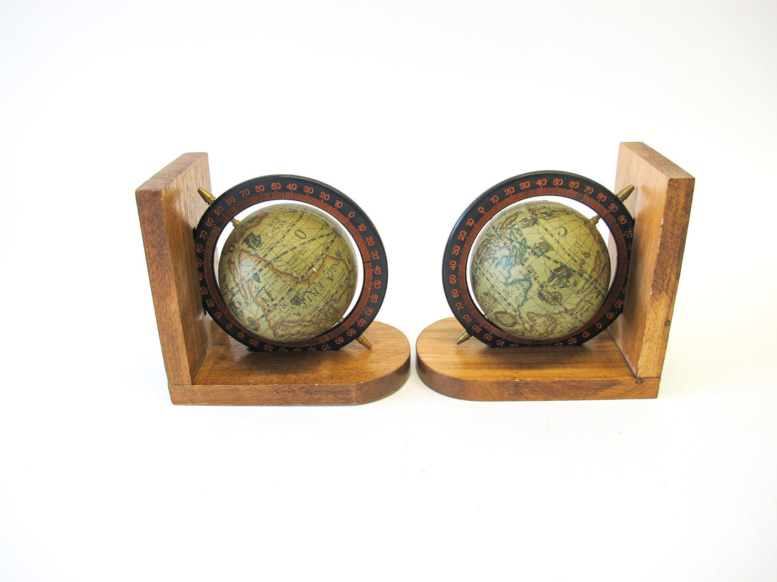 Set of 2 Wood Spinning Paper Mache Wood Globe Bookends