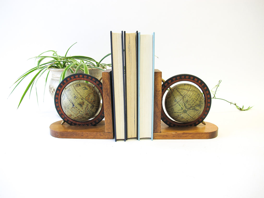 Set of 2 Wood Spinning Paper Mache Wood Globe Bookends