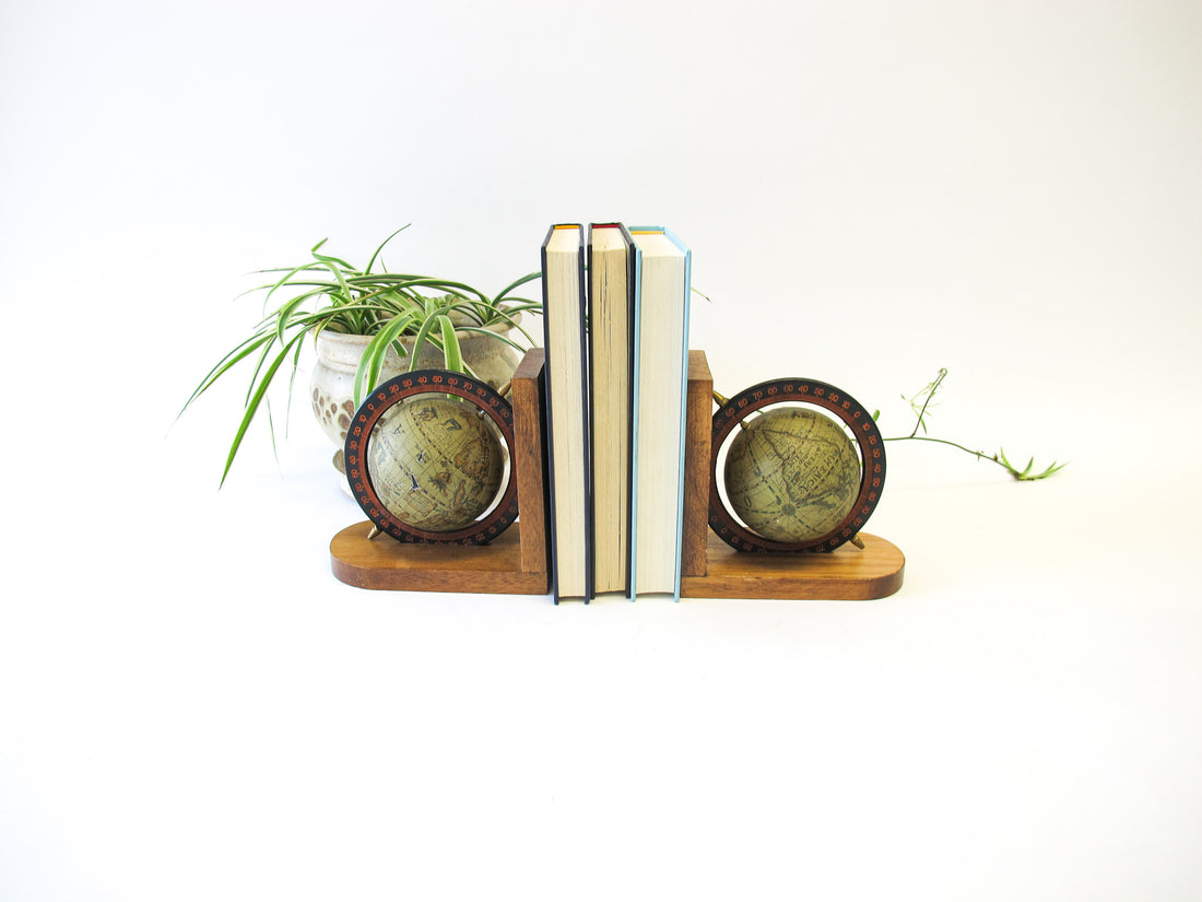 Set of 2 Wood Spinning Paper Mache Wood Globe Bookends