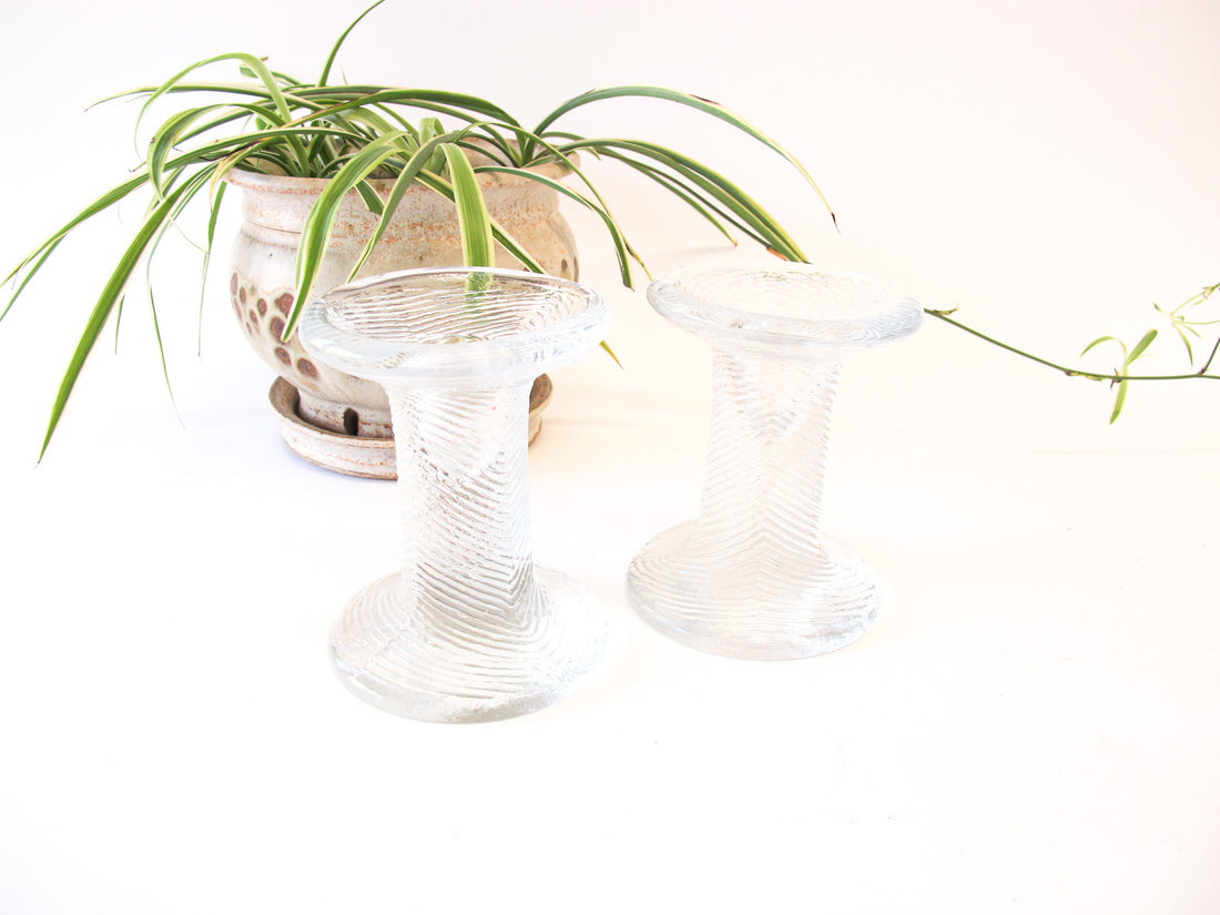 Set of 2 European Midcentury Style Glass Pillar Candle Stick Holders