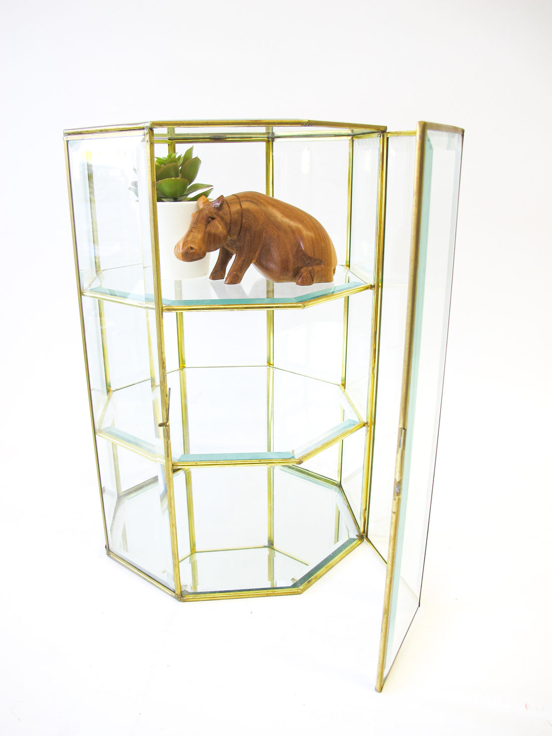 Octagonal Glass and Brass Display Case