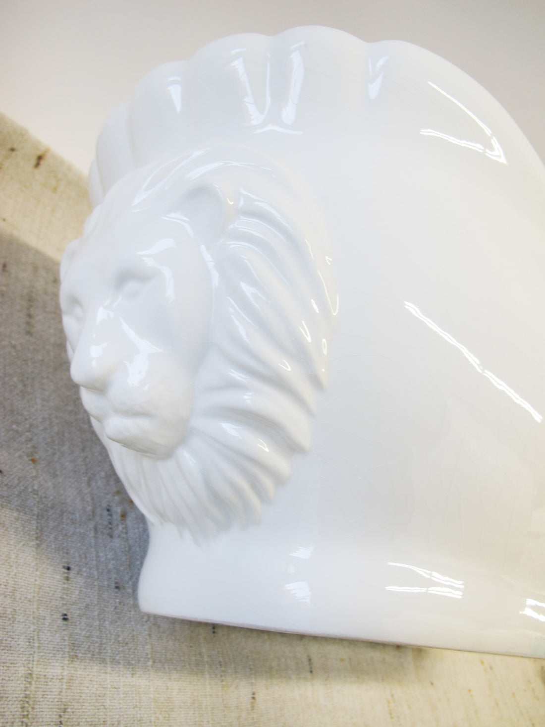 Large Italian White Ceramic Serving Bowl with Lions Heads