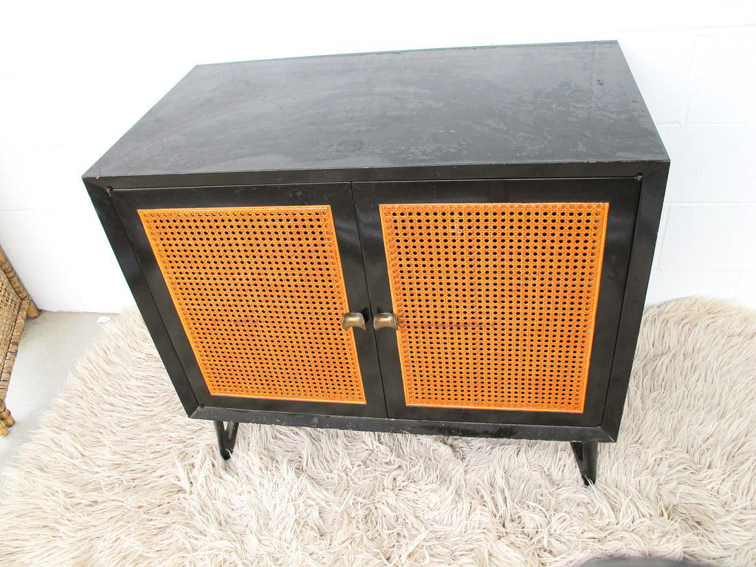 Black Enameled Midcentury Entry Cabinet with Cane Doors