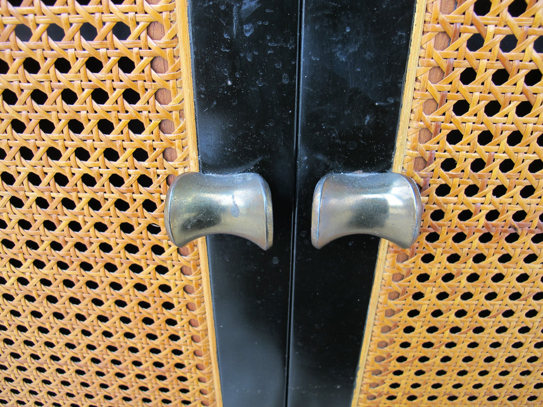 Black Enameled Midcentury Entry Cabinet with Cane Doors