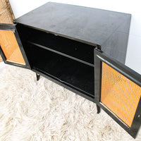 Black Enameled Midcentury Entry Cabinet with Cane Doors