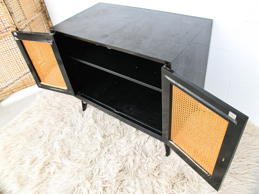 Black Enameled Midcentury Entry Cabinet with Cane Doors