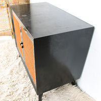 Black Enameled Midcentury Entry Cabinet with Cane Doors