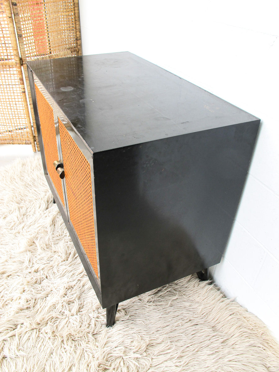 Black Enameled Midcentury Entry Cabinet with Cane Doors