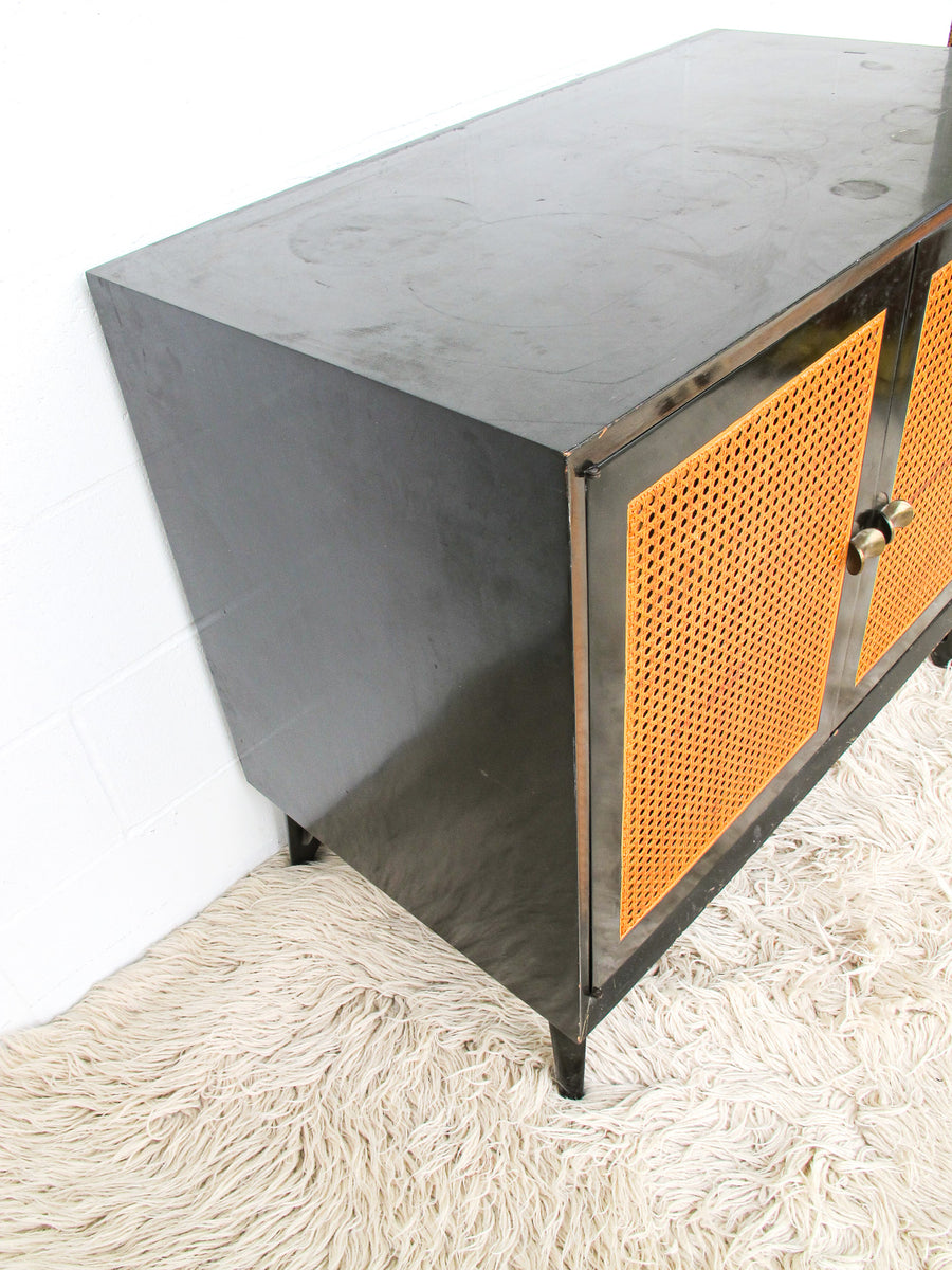 Black Enameled Midcentury Entry Cabinet with Cane Doors