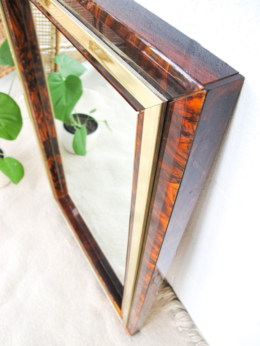 Brass and Marbled Resin Bakelite Style Framed Beveled Mirror