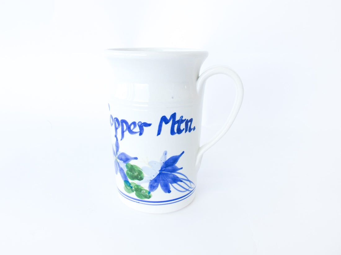 White Ceramic Mug with Blue Flowers - Copper Mountain Wild Hare Pottery Studio