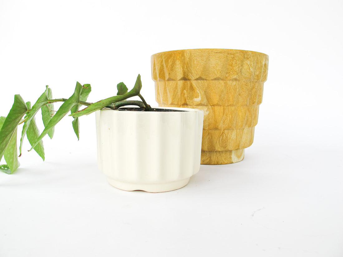 Midcentury Resin Plant Pot - Geometric Yellow/Tan