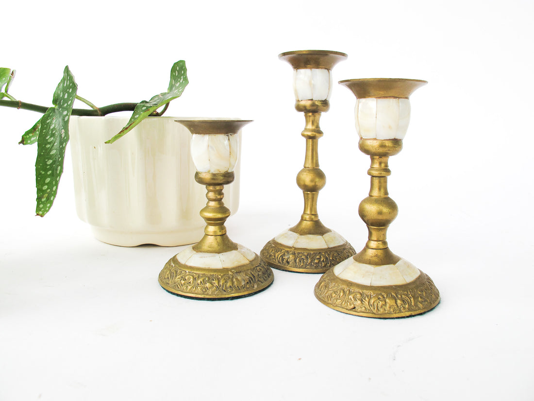 Brass and Mother of Pearl Pillar Candle Stick Holders - Set of 3