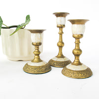 Brass and Mother of Pearl Pillar Candle Stick Holders - Set of 3