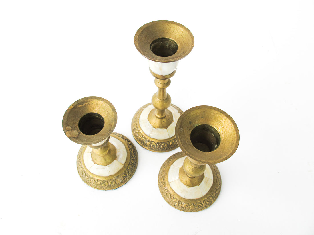 Brass and Mother of Pearl Pillar Candle Stick Holders - Set of 3