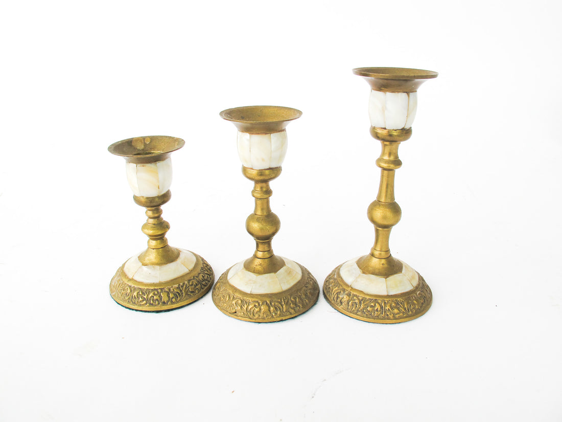 Brass and Mother of Pearl Pillar Candle Stick Holders - Set of 3