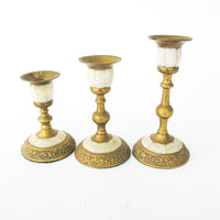 Brass and Mother of Pearl Pillar Candle Stick Holders - Set of 3