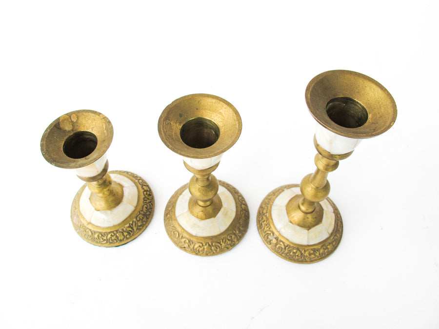 Brass and Mother of Pearl Pillar Candle Stick Holders - Set of 3