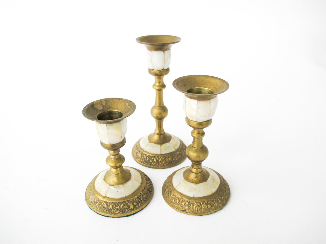 Brass and Mother of Pearl Pillar Candle Stick Holders - Set of 3