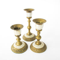 Brass and Mother of Pearl Pillar Candle Stick Holders - Set of 3