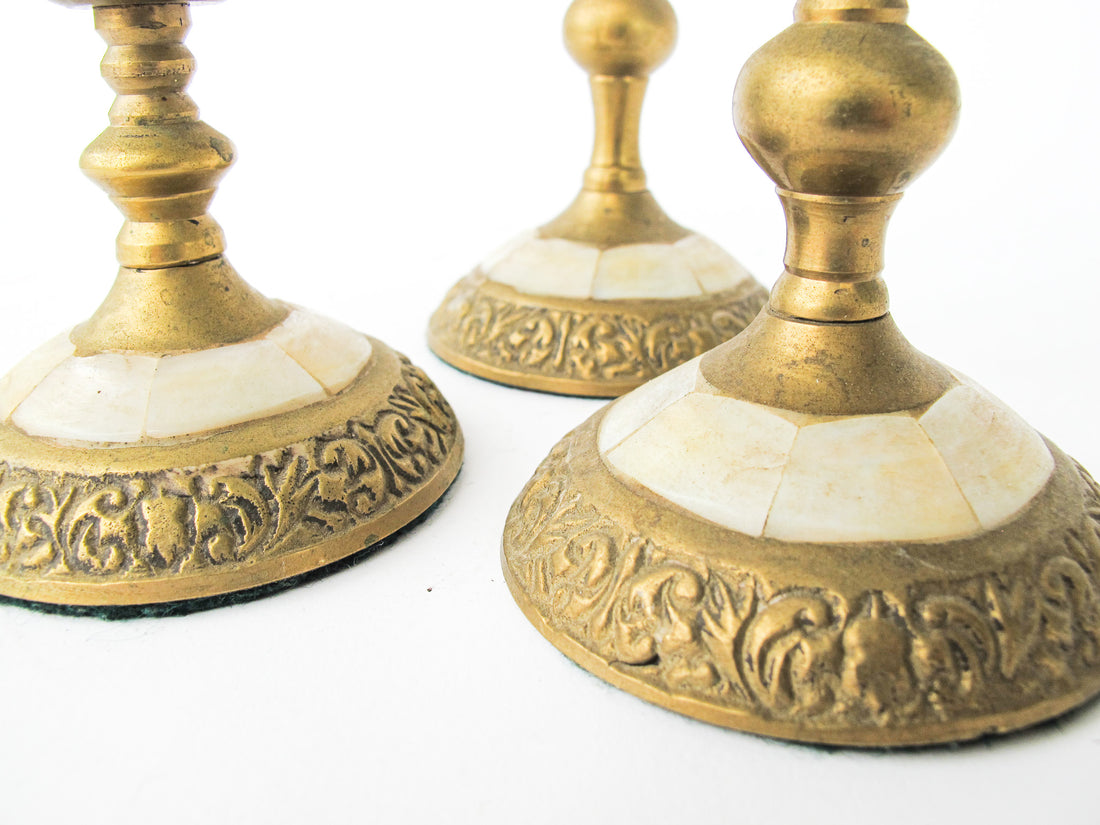 Brass and Mother of Pearl Pillar Candle Stick Holders - Set of 3