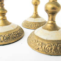 Brass and Mother of Pearl Pillar Candle Stick Holders - Set of 3