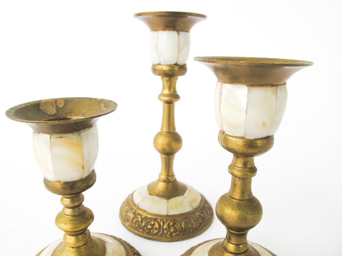 Brass and Mother of Pearl Pillar Candle Stick Holders - Set of 3