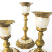 Brass and Mother of Pearl Pillar Candle Stick Holders - Set of 3