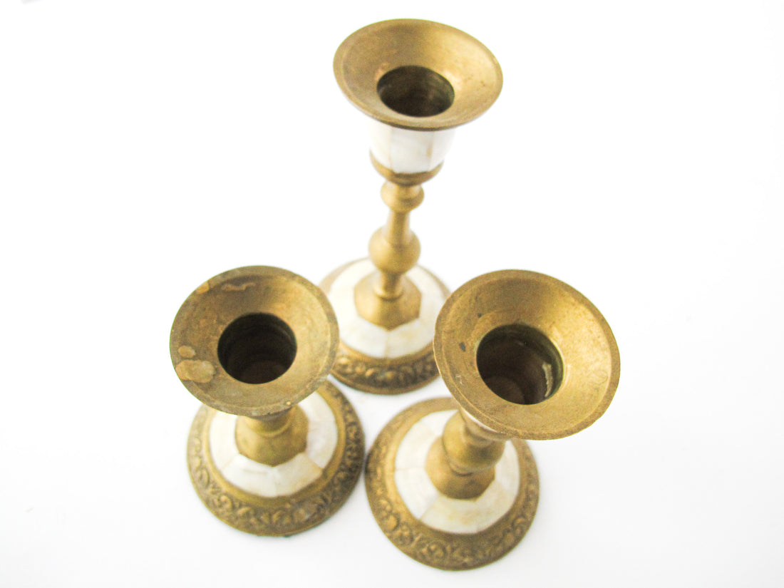 Brass and Mother of Pearl Pillar Candle Stick Holders - Set of 3