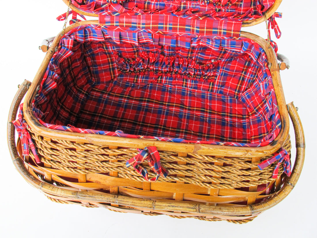Scottish Highland Woven Basket with Cloth Plaid Interior