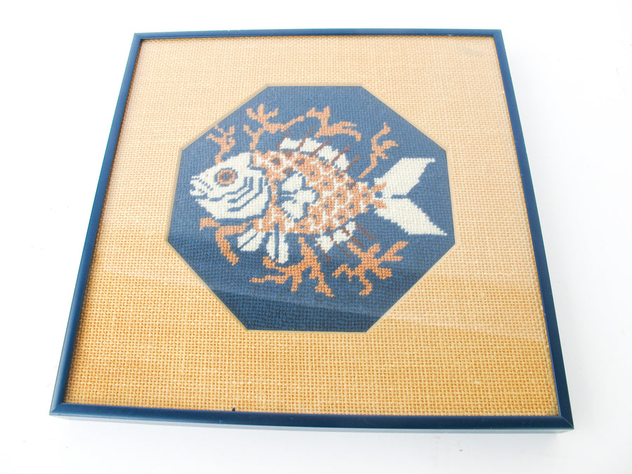 Needlepoint Fish Art with Metal Frame, Matting, and Glass Cover