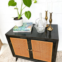 Black Enameled Midcentury Entry Cabinet with Cane Doors