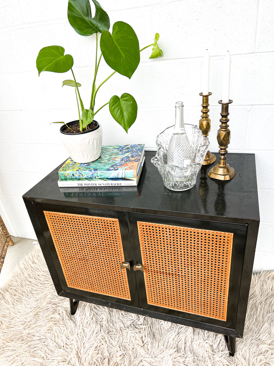 Black Enameled Midcentury Entry Cabinet with Cane Doors