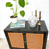 Black Enameled Midcentury Entry Cabinet with Cane Doors