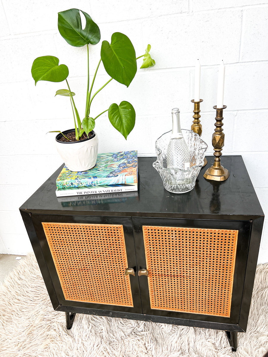 Black Enameled Midcentury Entry Cabinet with Cane Doors