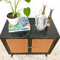 Black Enameled Midcentury Entry Cabinet with Cane Doors