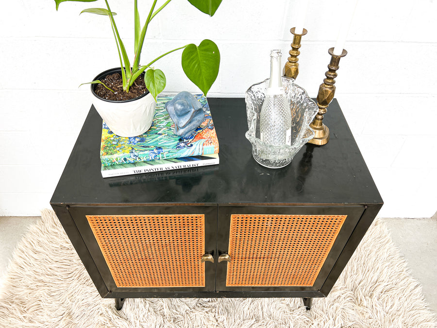 Black Enameled Midcentury Entry Cabinet with Cane Doors