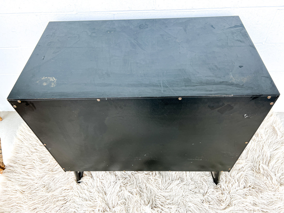 Black Enameled Midcentury Entry Cabinet with Cane Doors